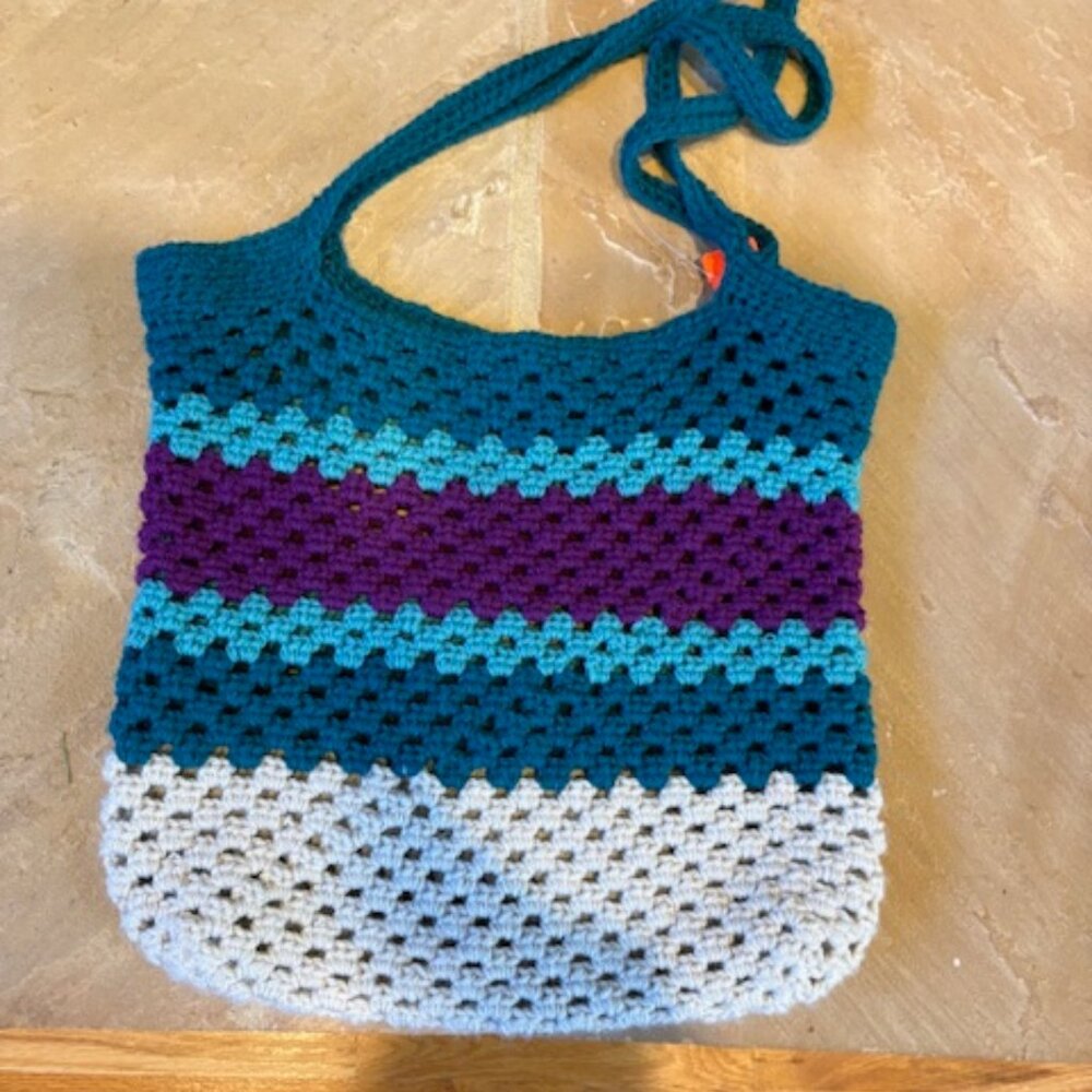 Vintage Handmade Crochet Granny Teal Purple Cream Tote Shopper Market Bag